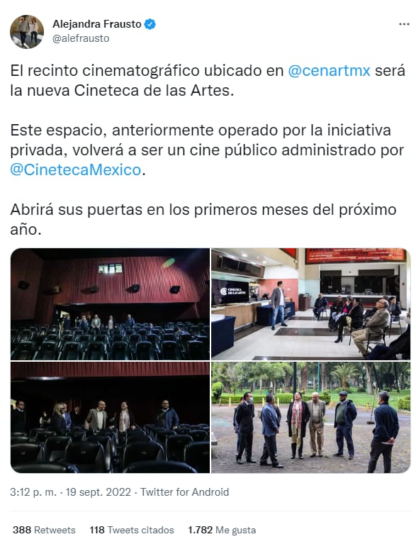 Tuit de Alejandra Frausto por la nueva sede de la Cineteca Nacional