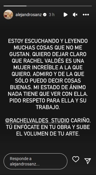 Alejandro Sanz defiende a Rachel Valdés tras su separación
