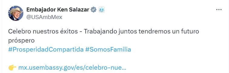 Ken Salazar destaca su trabajo como embajador de Estados Unidos en México