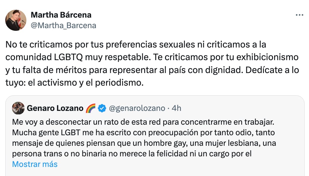 Martha Bárcena critica a Genaro Lozano