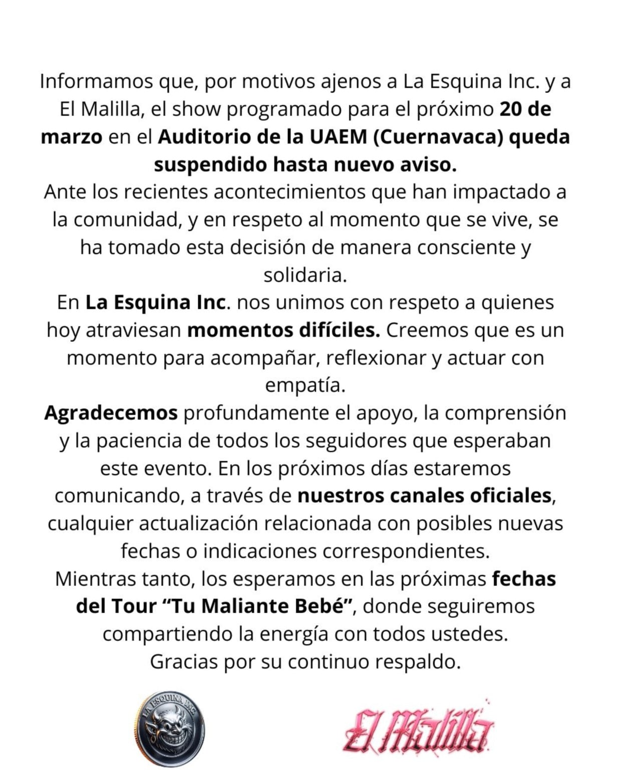 El Malilla suspende su concierto en UAEM Cuernavaca