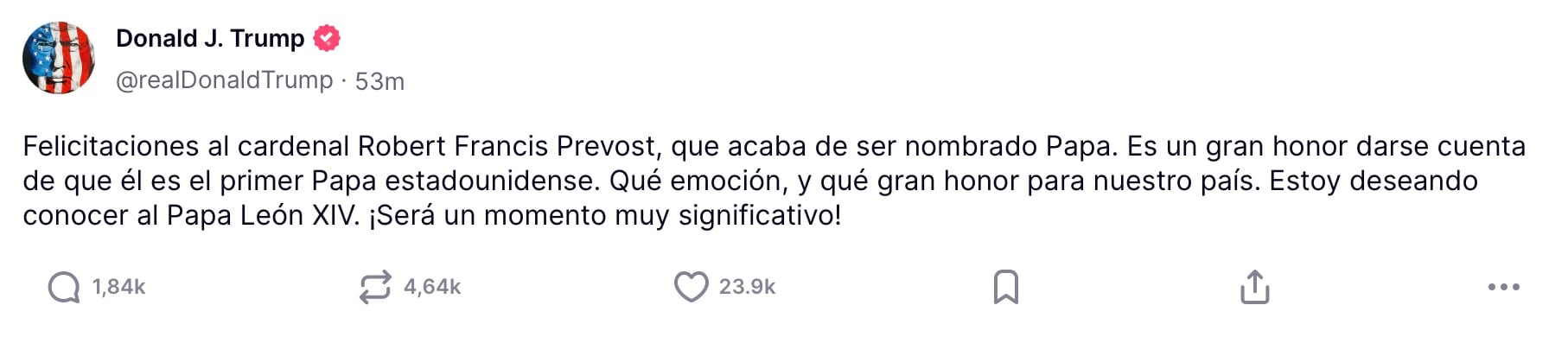 Publicación de Donald Trump tras elección de Robert Prevost, León XIV, como nuevo papa