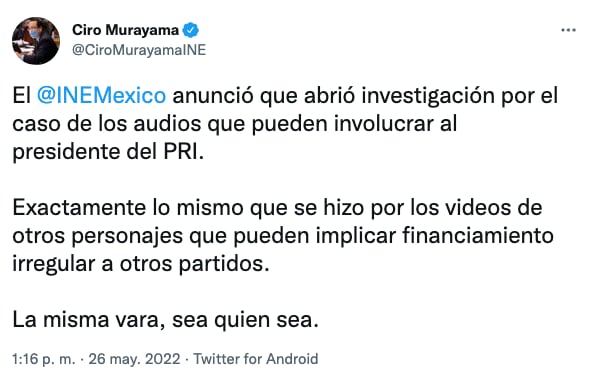 Ciro Murayama anuncia que el INE abrió investigación por audios de Alejandro Moreno