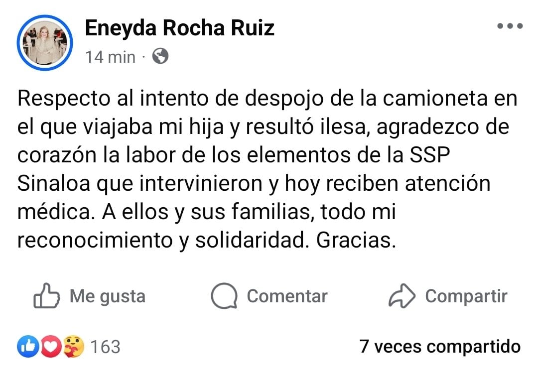 Eneyda Rocha Ruiz agradece la actuación de los elementos en el ataque en el que resultó ilesa su hija en Culiacán
