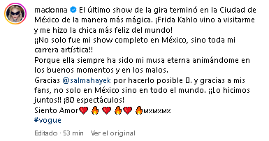 Madonna agradece a Salma Hayek ir a su concierto.