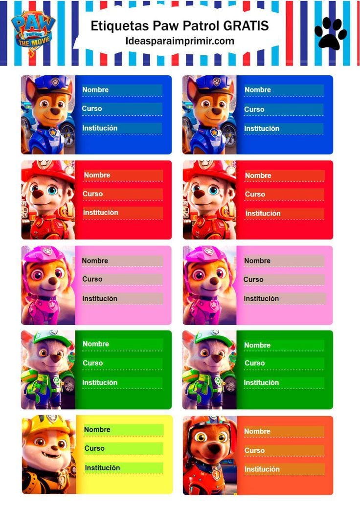 Etiquetas escolares para imprimir de Paw Patrol