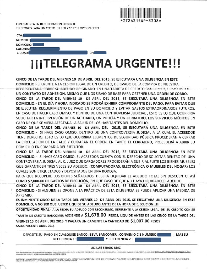 "Telegrama Urgente", carta que envía el despacho 'fantasma' Especialista en Recuperación Urgente para defraudar a personas