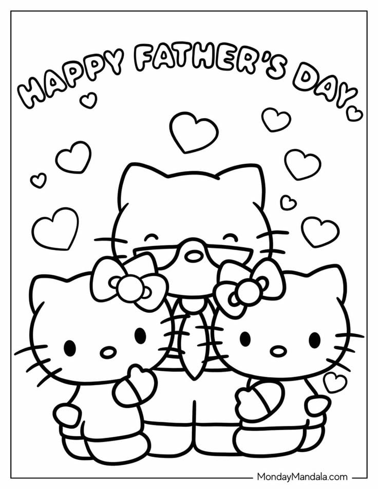 Dibujos de Hello Kitty con su papá para colorear por el Día del Padre