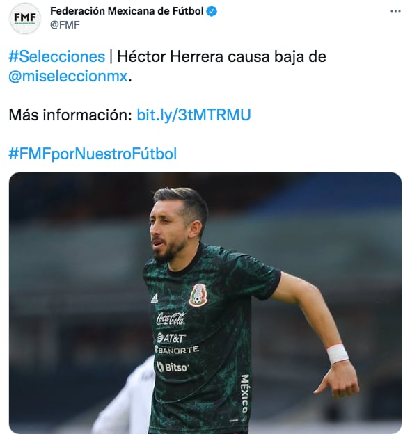 Héctor Herrera causa baja de la Selección Mexicana