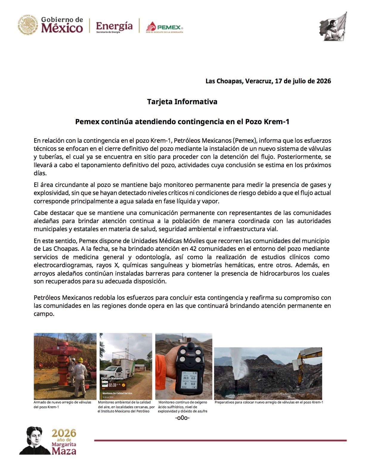 Pemex atiende contingencia en pozo Krem-1 y brinda atención médica en Las Choapas