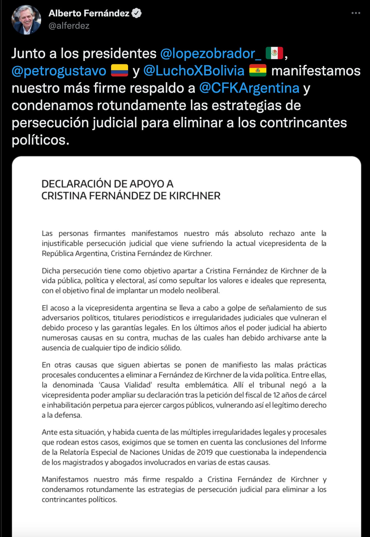 AMLO respalda a Cristina Fernández, vicepresidenta de Argentina, y condena persecución judicial