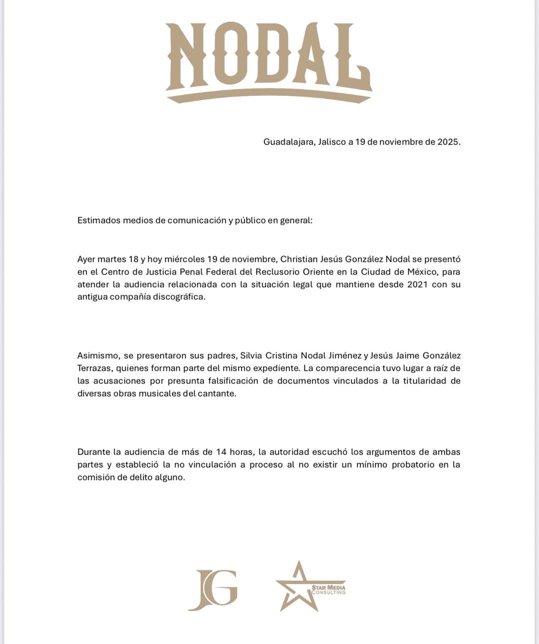 Comunicado de Christian Nodal sobre su proceso legal.