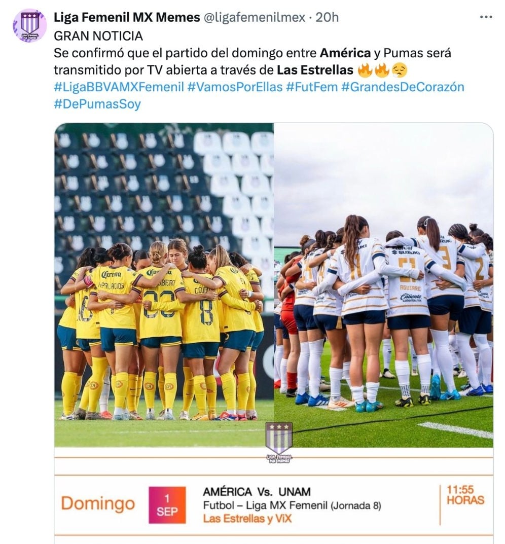 América Femenil vs Pumas será por TV abierta.