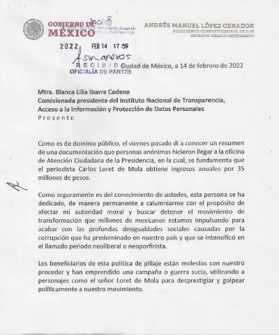 Carta de AMLO al INAI