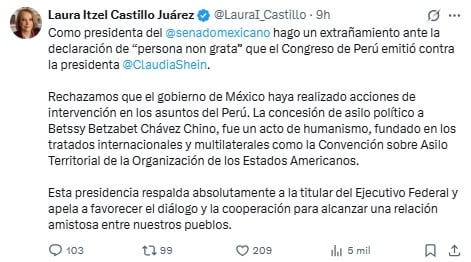 Presidenta del Senado rechaza que Claudia Sheinbaum sea persona no grata por Perú.