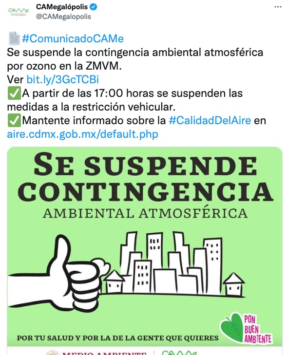 CAMe anuncia que se suspende la Fase 1 de la contingencia ambiental