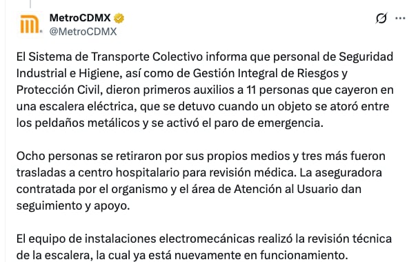 STC sobre fallas en escalera de la Línea 3 del Metro CDMX