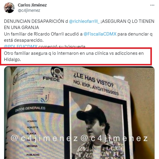 Reportero informa que Ricardo O'Farrill está en una clínica en Hidalgo.