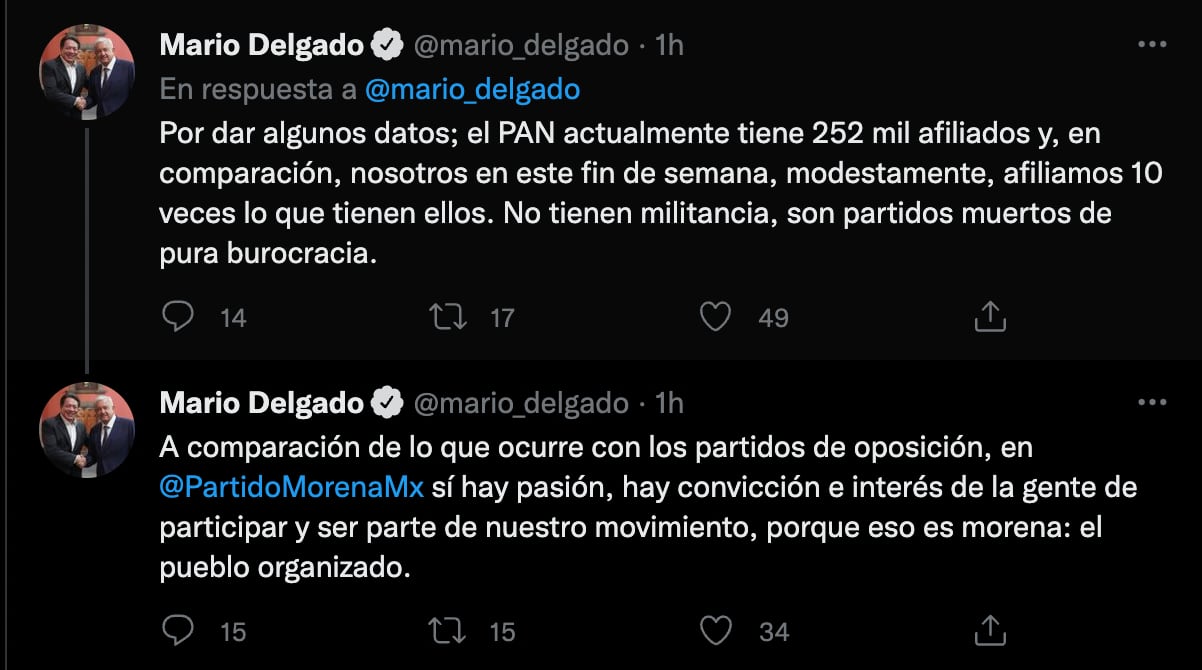 Mario Delgado presume: Morena tiene 10 veces el número de afiliados que posee el PAN