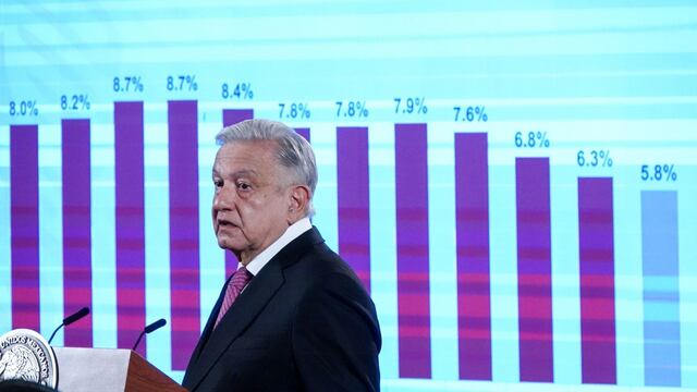 Andrés Manuel López Obrador muestra la gráfica sobre inflación durante la conferencia matutina desde Palacio Nacional