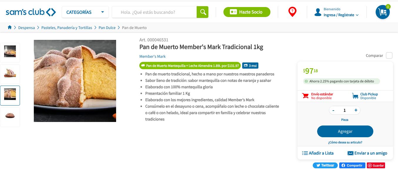 Pan de muerto en Sam's y su precio