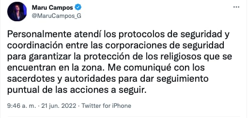 Maru Campos, gobernadora de Chihuahua lamenta la muerte de los padres jesuitas/Twitter