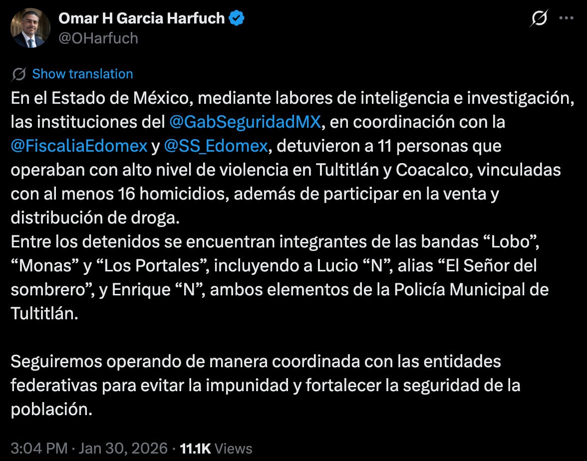 García Harfuch confirma detención de “El señor del sombrero”, policía de Tultitlán