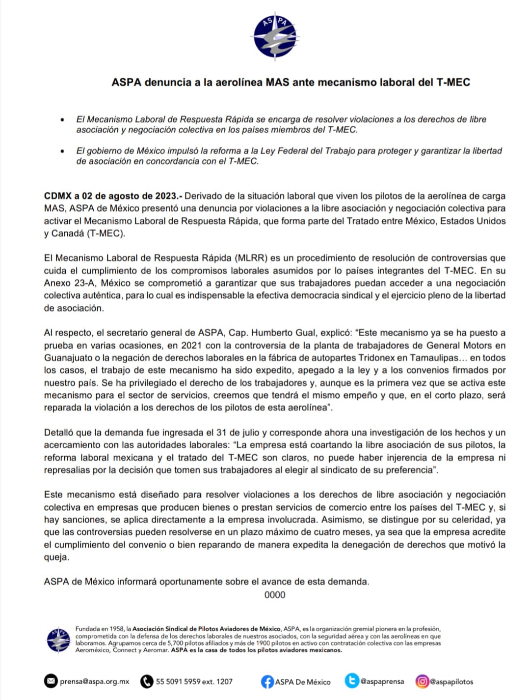 Denuncia de ASPA a aerolínea de carga MasAir