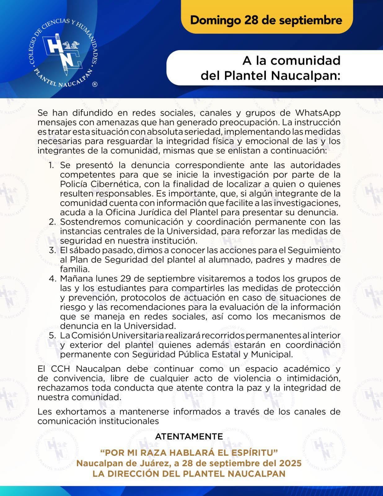 CCH Naucalpan suspende clases ante amenazas en redes