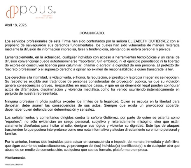 Comunicado de Elizabeth Gutiérrez