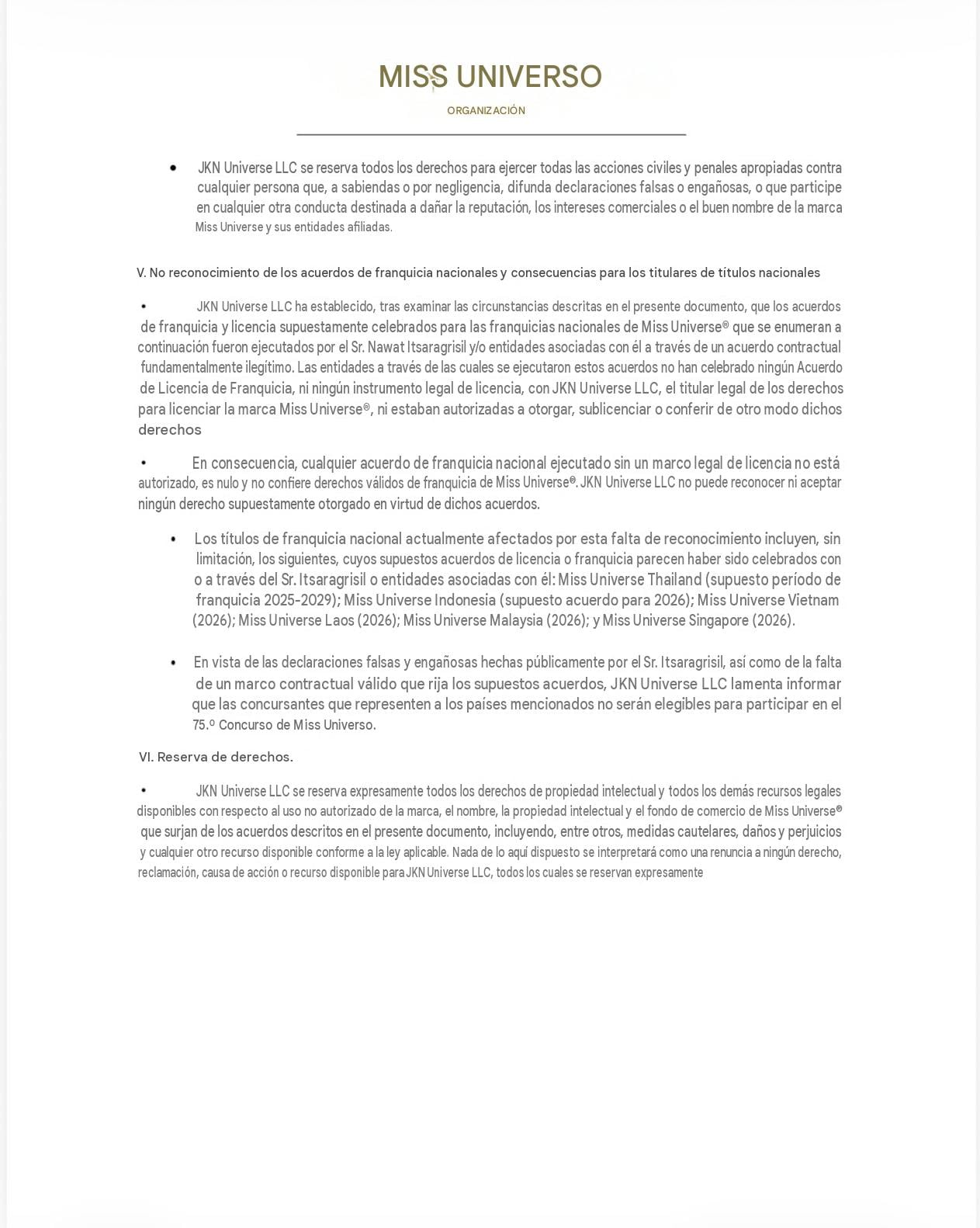 Comunicado de Miss Universo sobre la salida de 6 candidatas (traducido).