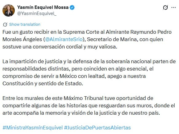 Yasmín Esquivel se reúne con el secretario Raymundo Pedro Morales Ángeles en la SCJN