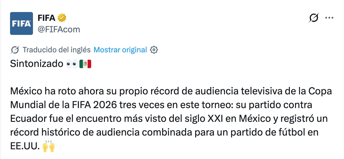 FIFA revela que el partido entre México vs Ecuador rompió por tercera vez el récord del partido más visto durante el Mundial 2026