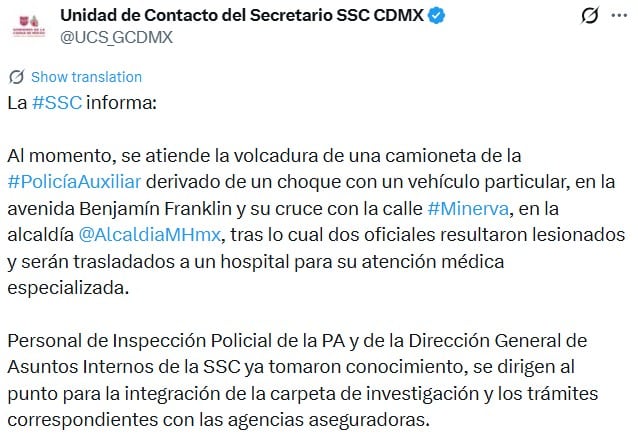 Patrulla de la Policía Auxiliar vuelca tras choque en Miguel Hidalgo; dos policías lesionados