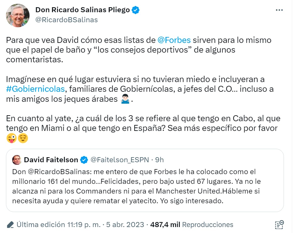 Ricardo Salinas Pliego desprecia la lista de Forbes tras perder 67 puestos entre los más ricos del mundo