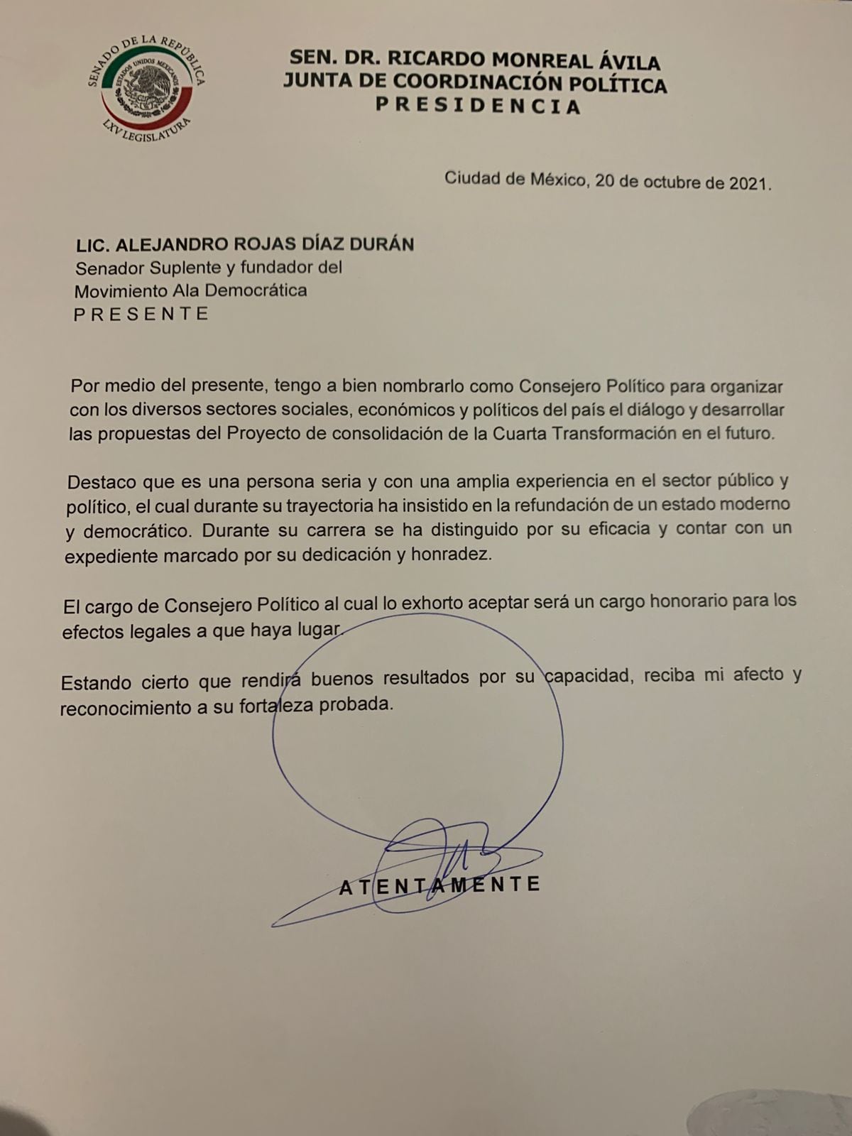 La invitación de Ricardo Monreal a Alejandro Rojas Díaz Durán