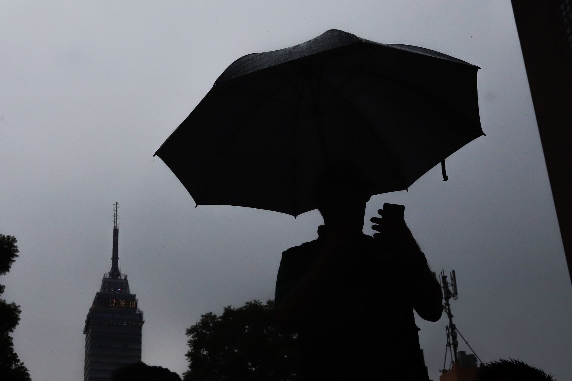 Una persona observa su celular mientras camina utilizando un paraguas para protegerse de la lluvia