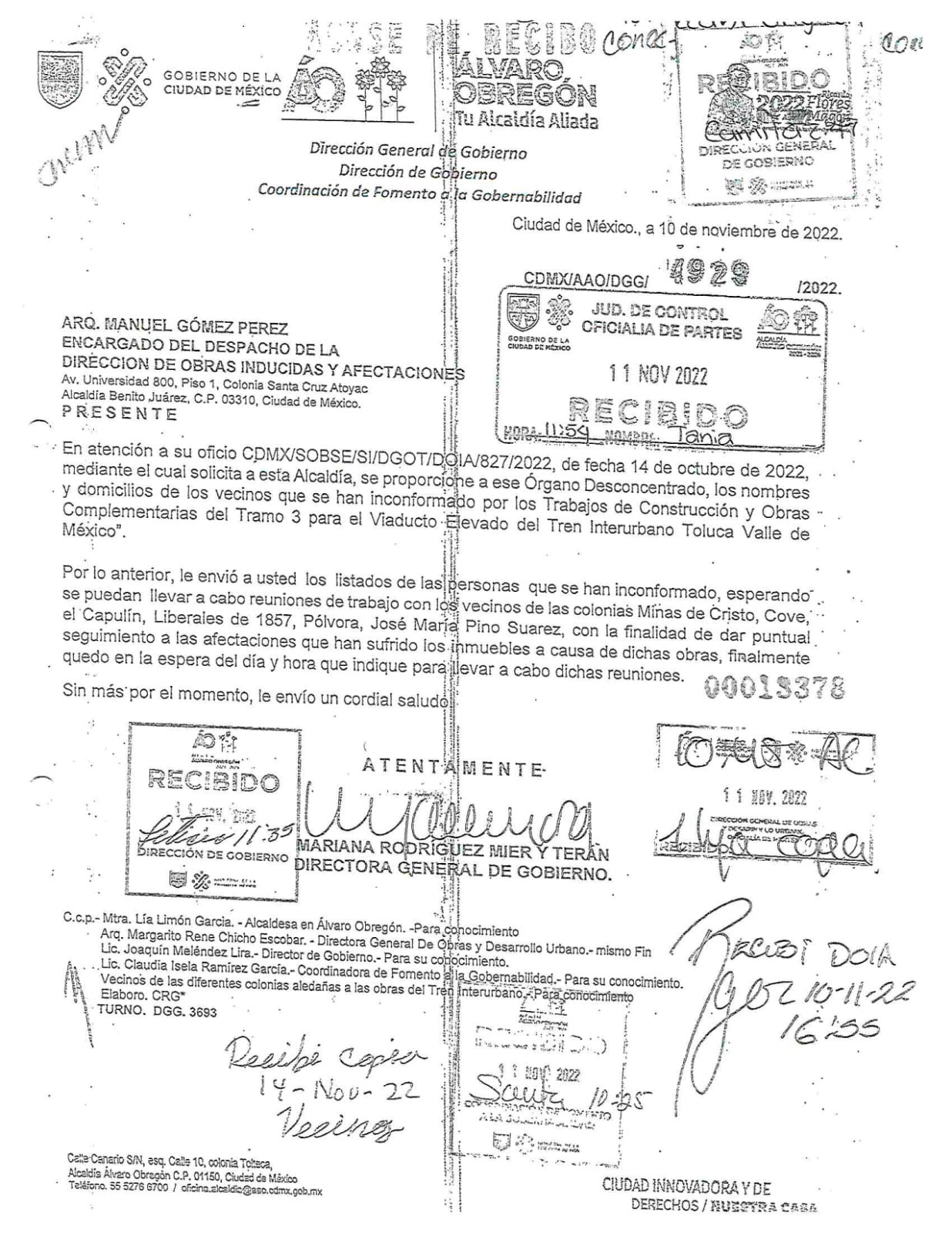 Oficios enviados por Lía Limón a la Secretaria de Obras y Servicios