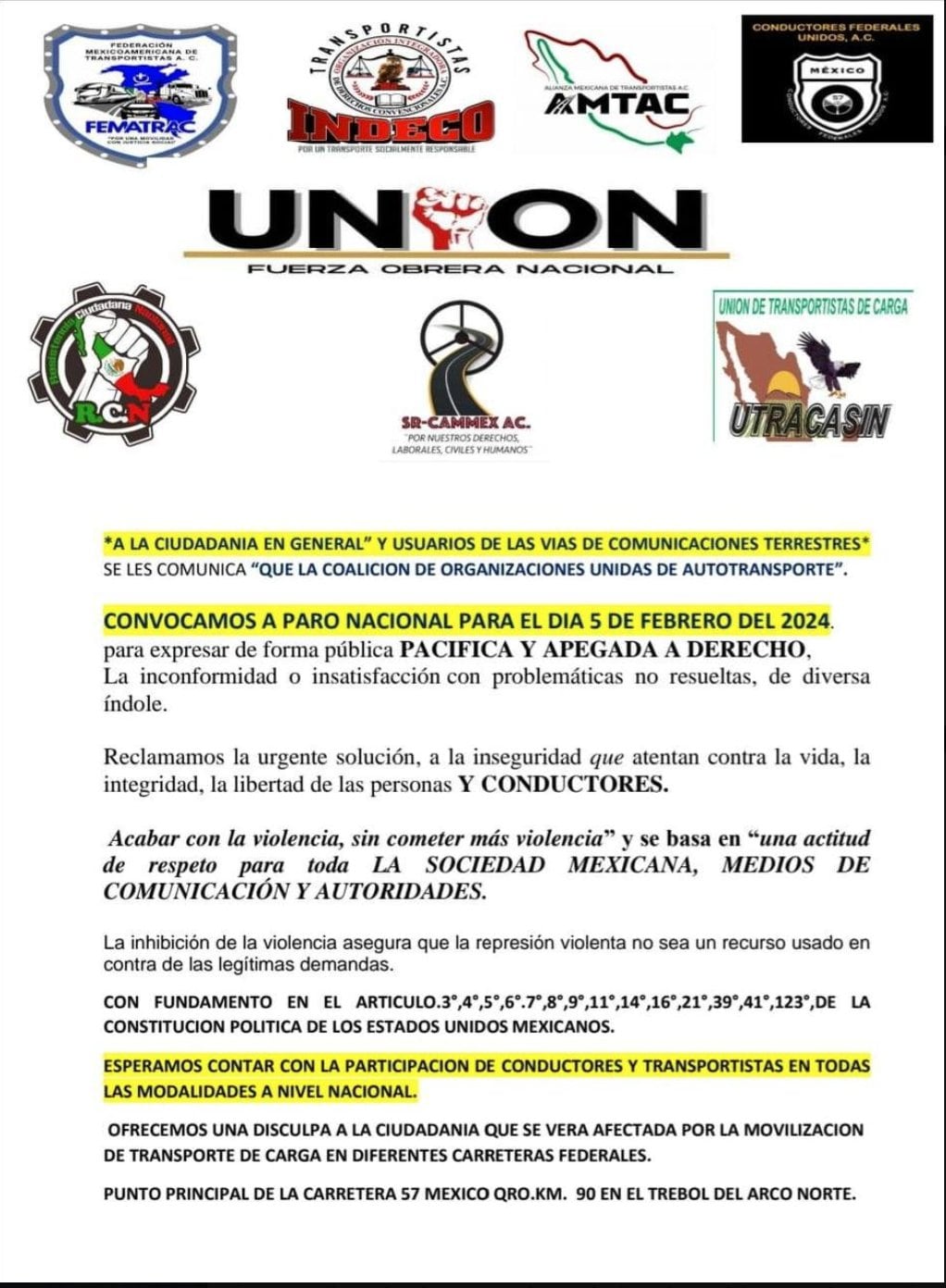 Comunicado donde se anuncia el paro de transportistas el próximo 5 de febrero
