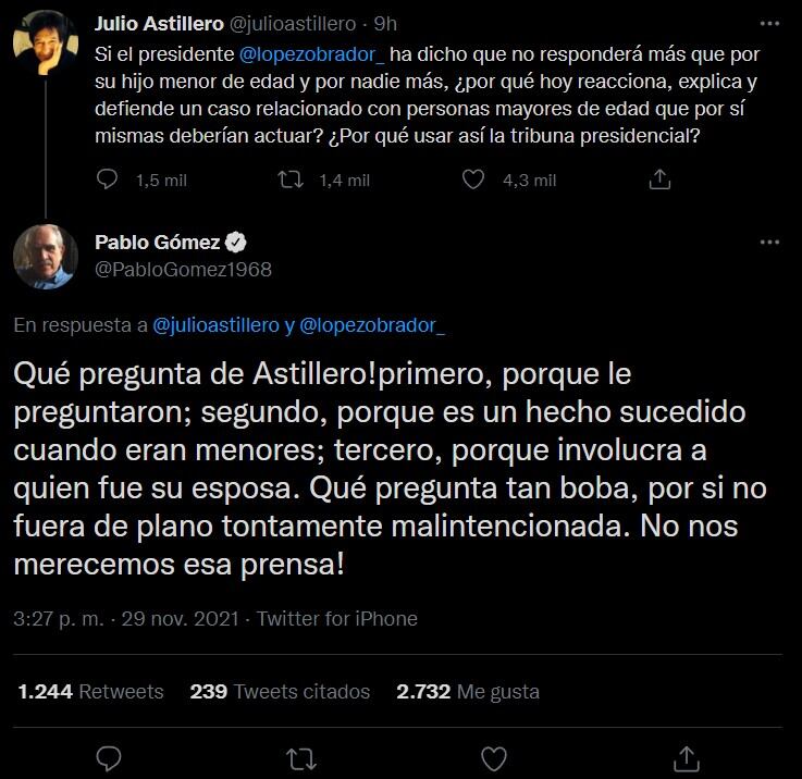 Tweets de Julio Astilleros y Pablo Gómez