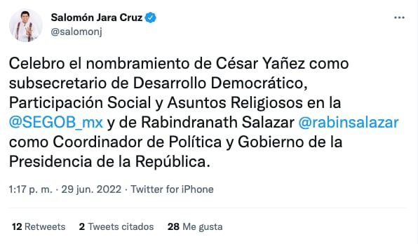 Salomón Jara se une a felicitación de César Yáñez