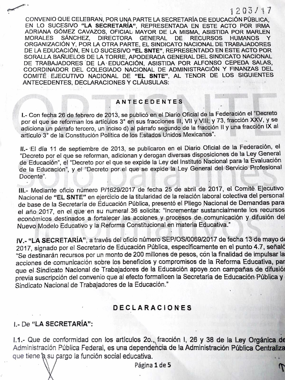 Convenio entre la SEP y el SNTE respecto a la reforma educativa de Peña Nieto