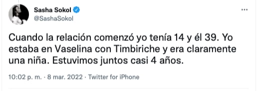Testimonio de Sasha Sokol sobre el abuso de Luis de Llano/@Sasha Sokol
