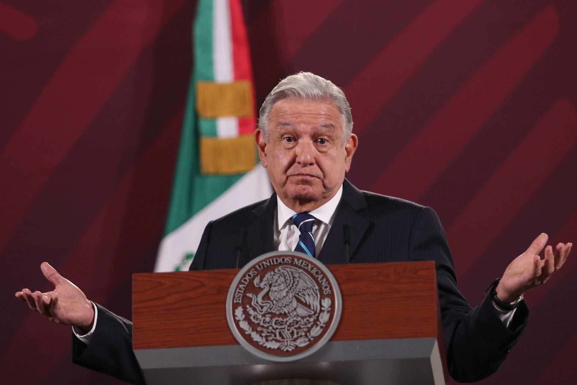 Andrés Manuel López Obrador, presidente de México durante conferencia de prensa en Palacio Nacional donde destacaron los temas como la sección de “Quién es quién en las mentiras” y resumen del juicio de Genaro García Luna.