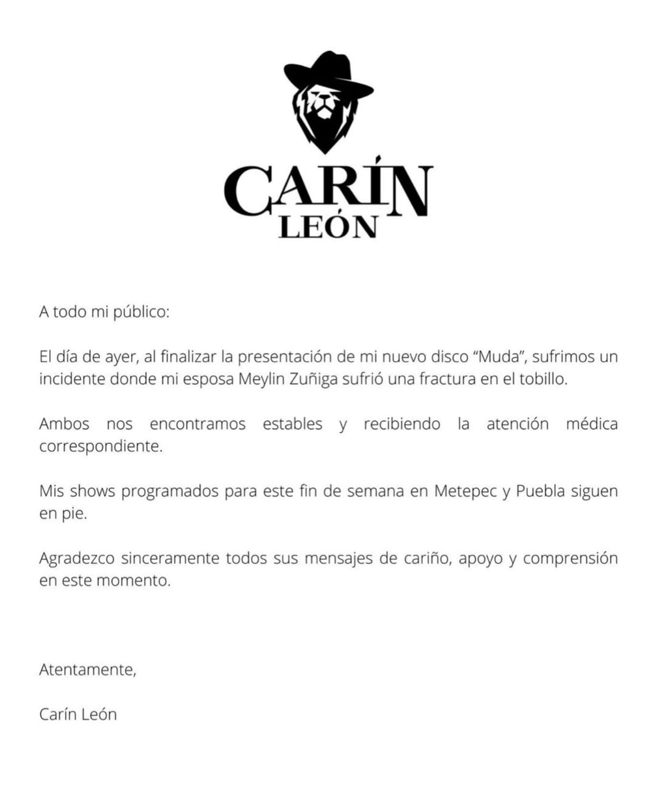 Carín León comparte comunicado tras el accidente de su novia en la CDMX