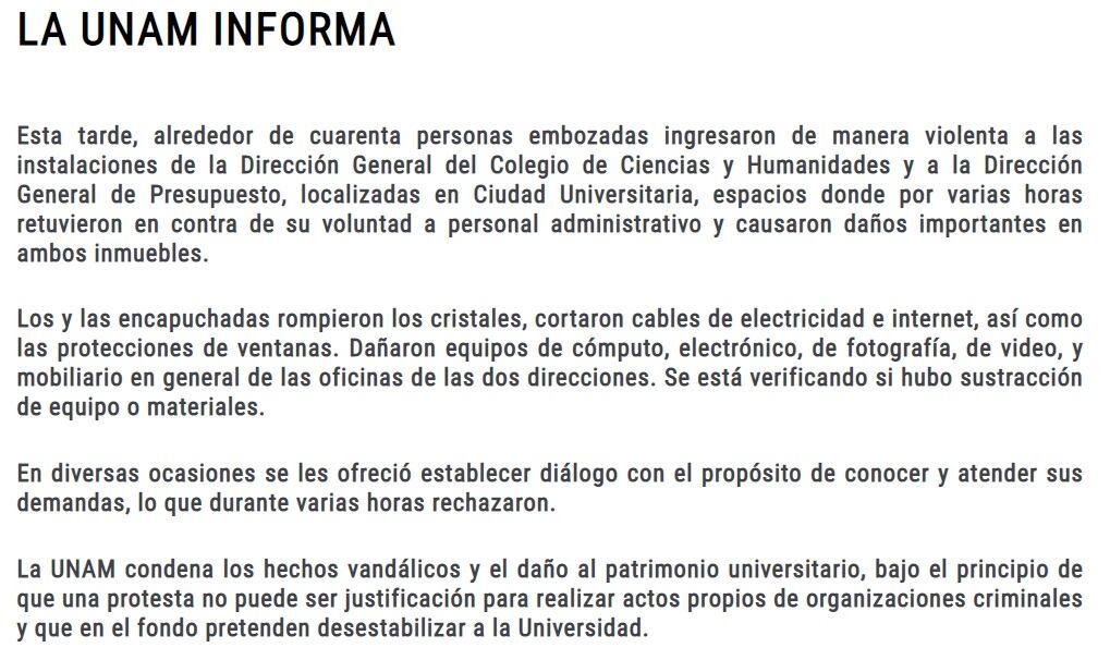 Comunicado UNAM tras toma de la dirección general de CCH por grupo de encapuchados