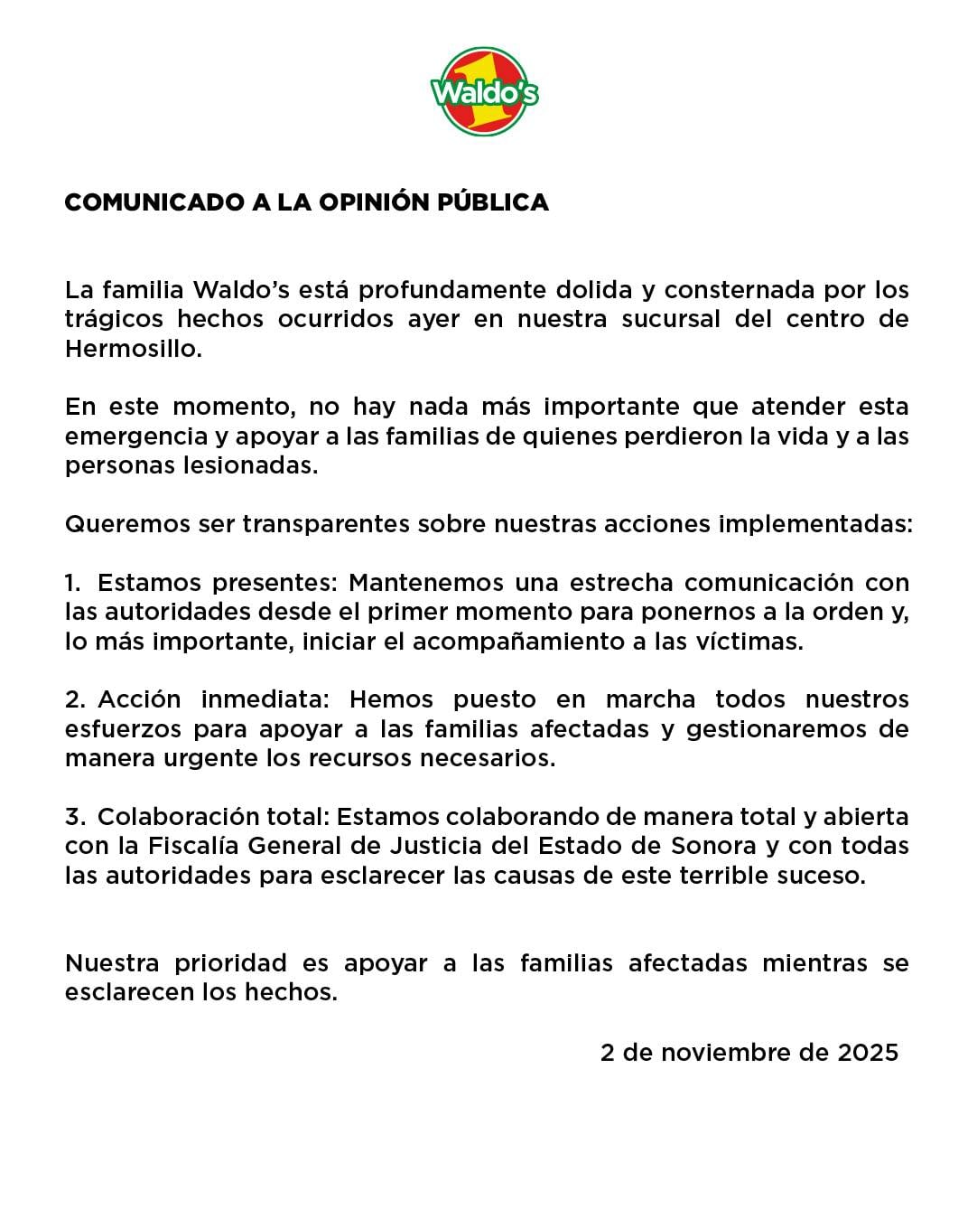 Waldo's se pronuncia tras incendio en Hermosillo, Sonora