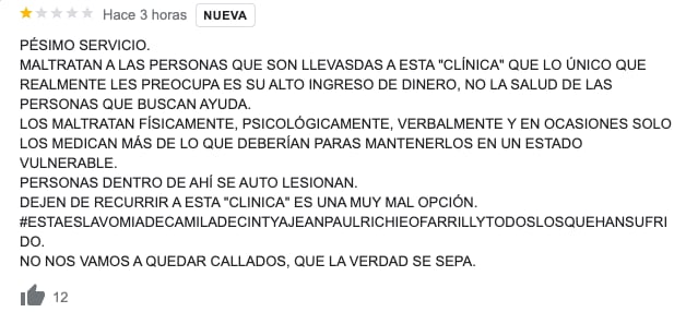 Opiniones en Google sobre la clínica Margarita, en la cual Ricardo O'Farrill fue internado