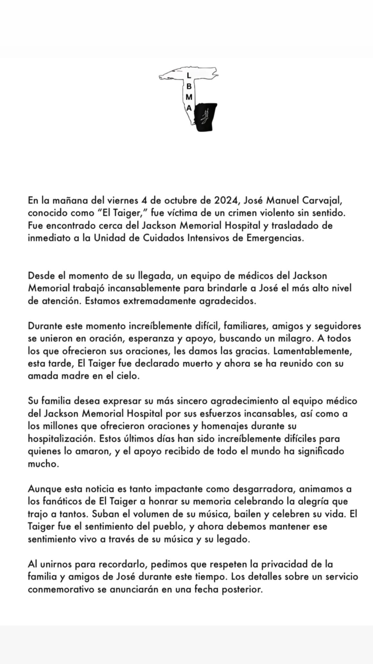 Comunicado de prensa confirmando la muerte de El Taiger