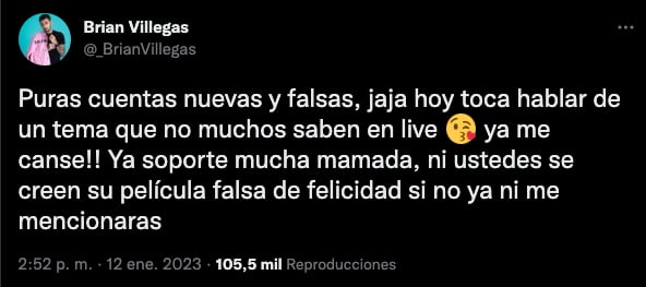 Brian Villegas está harto y arremetió por las indirectas de Yeri Mua
